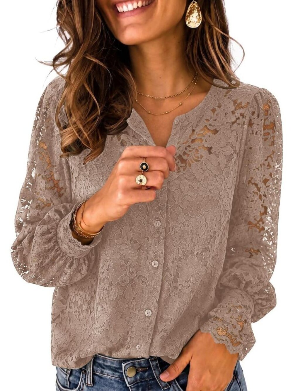 Lace Top Long Sleeve Blouse for Women - Dressy Casual Button-Up Shirt